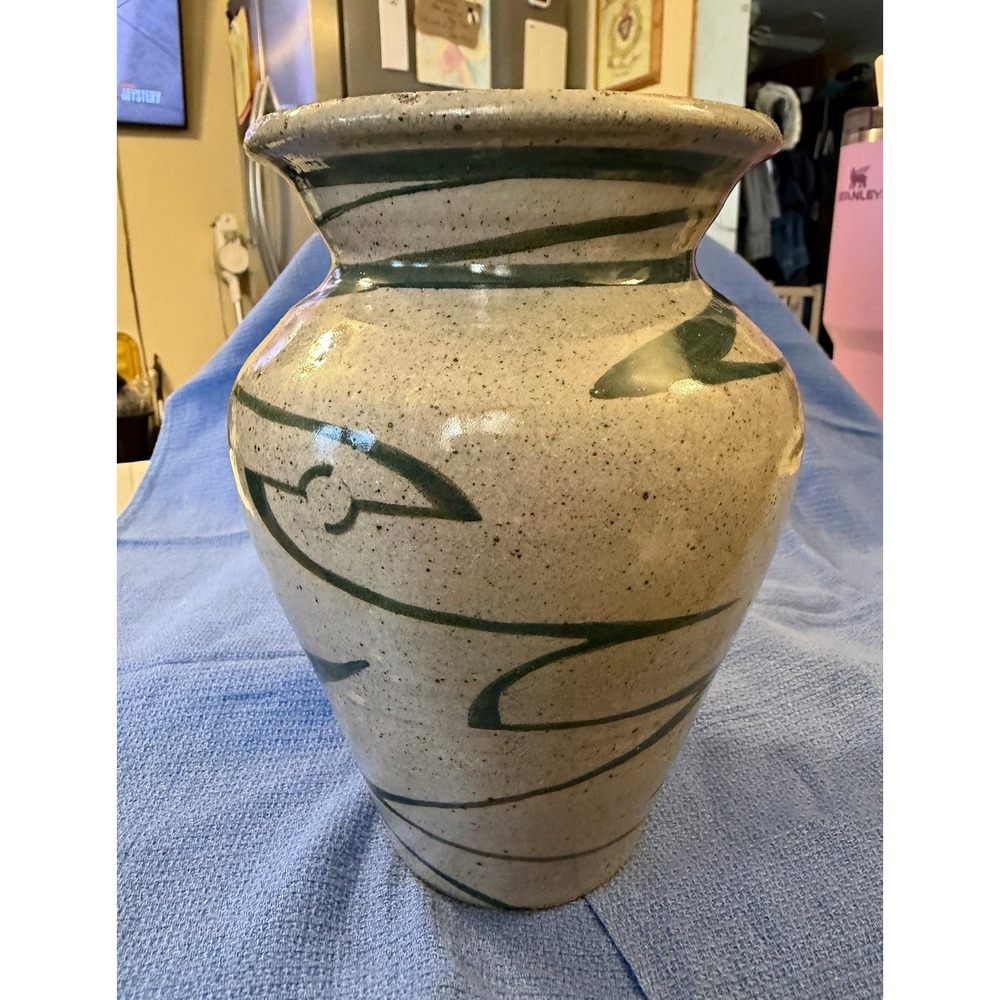 Beige & Green Speckled Ceramic Vase Abstract Glossy Incised Signed Keaton 97